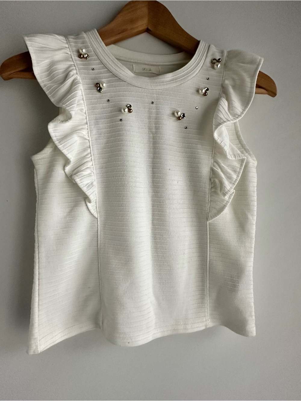 White Ruffle Sleeve Embellished Tank Top